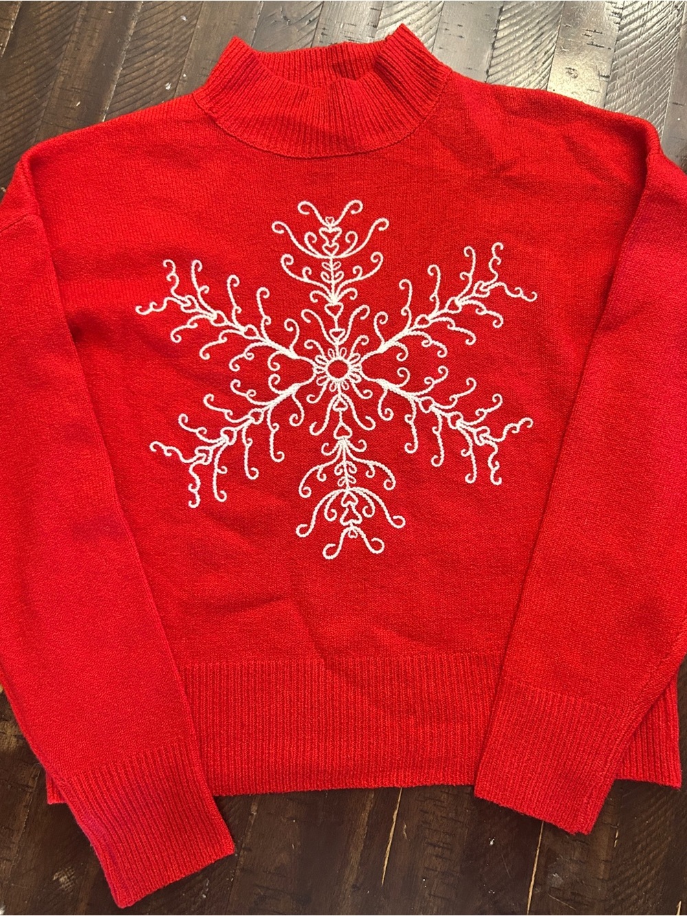 Sincerely Jules Red Turtleneck Sweater with White Snowflake Embroidery